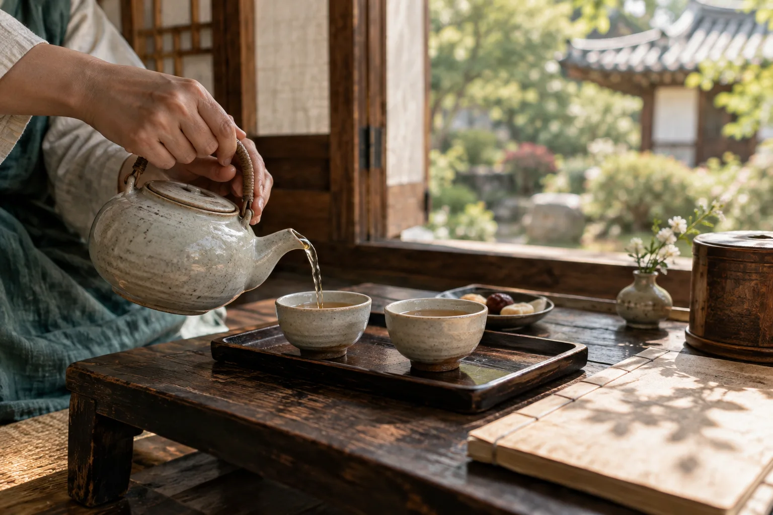Illustrative image: Tea being poured into ceramic cups beside a hanok garden